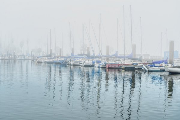 Silhouetten von Segelbooten im Nebel