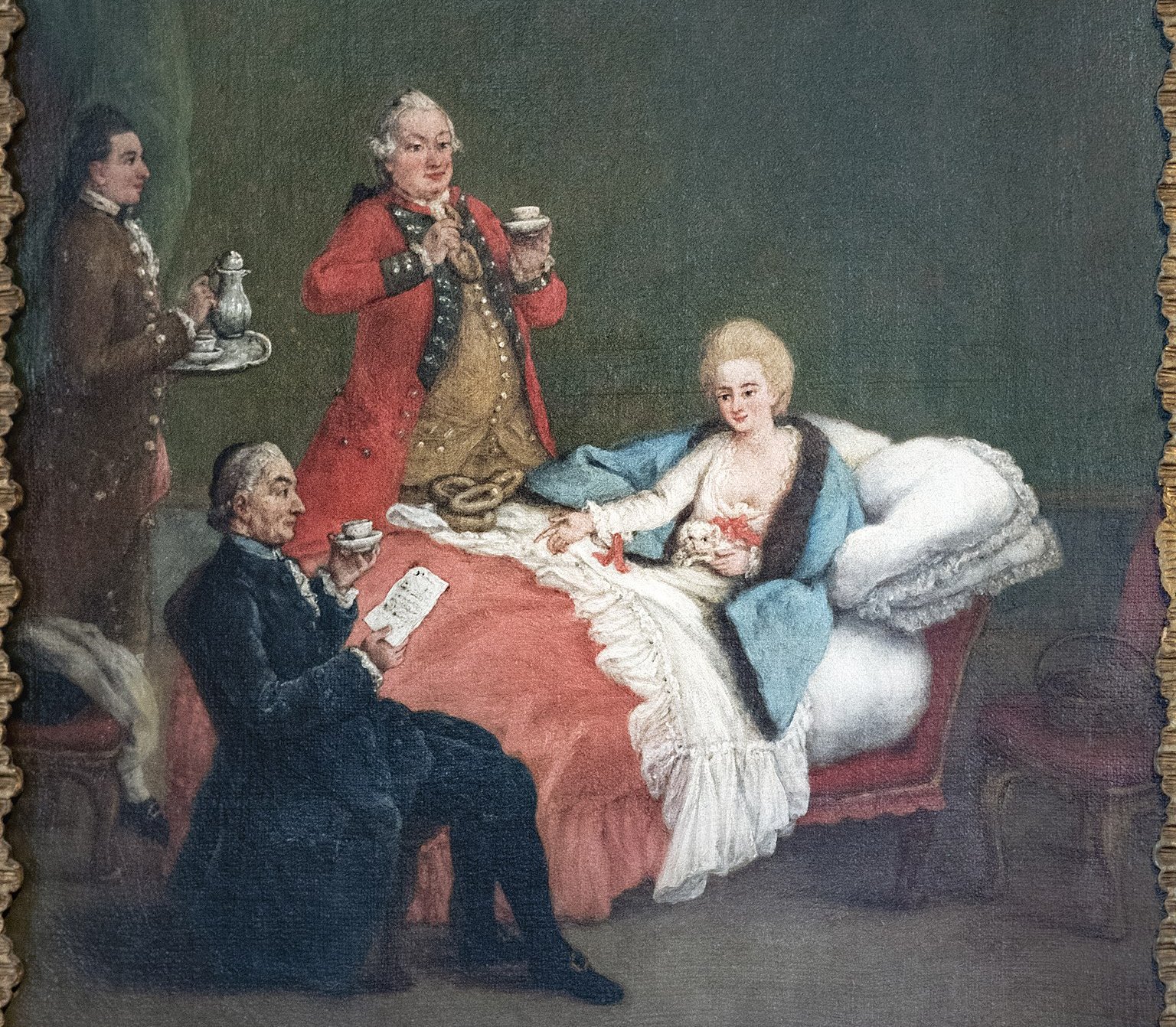 Une dame et trois messieurs en habits de cour avec des tasses et un pot (peinture à l'huile du 18e siècle)