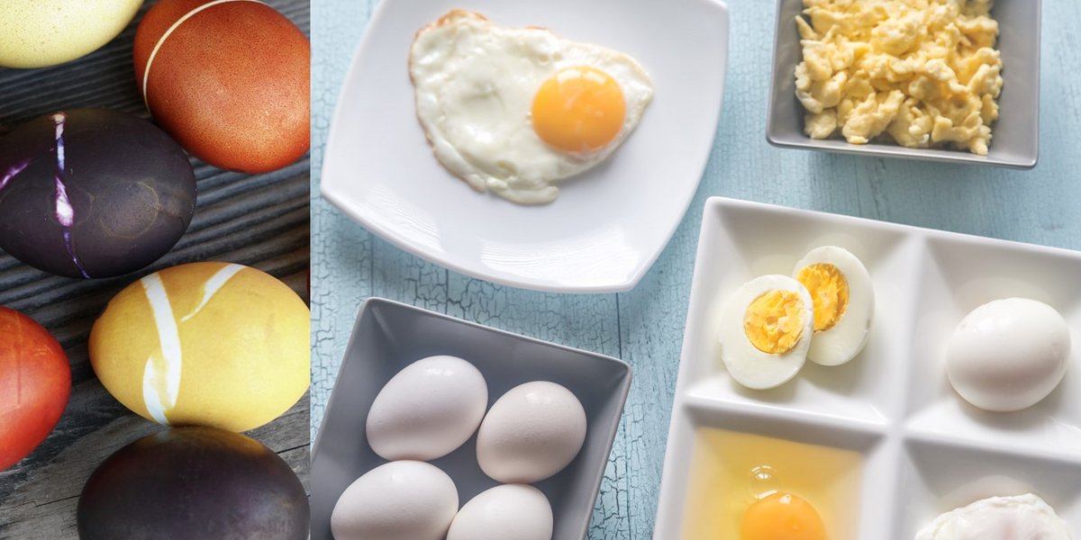 Gefärbte Eier, rohe Eier und verschiedene Eiergerichte in Schalen: Spiegelei, Rührei, rohes Ei, aufgeschnittenes gekochtes Ei, pochiertes Ei