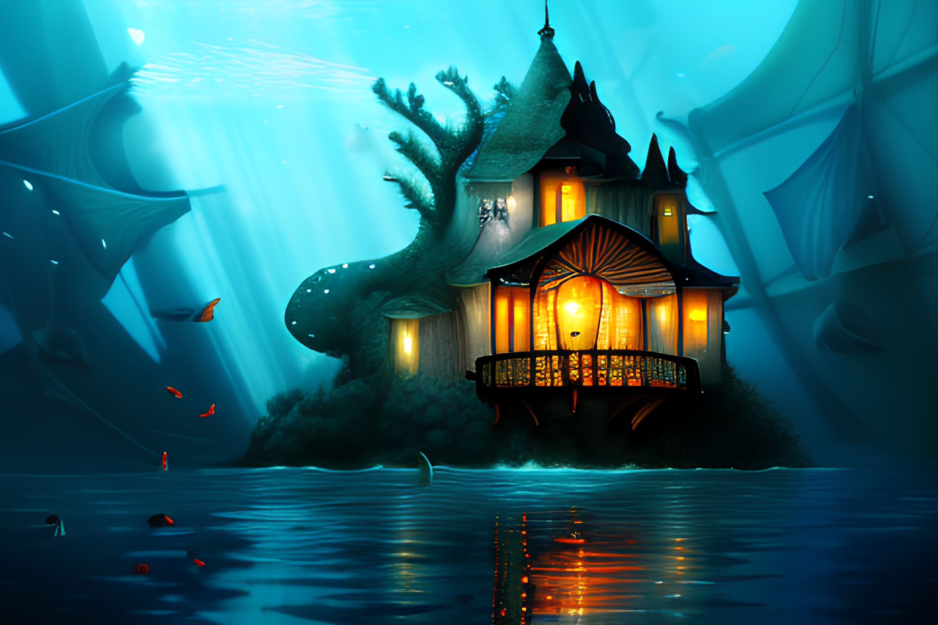 Villa de fantaisie éclairée à la bougie dans un paysage sous-marin