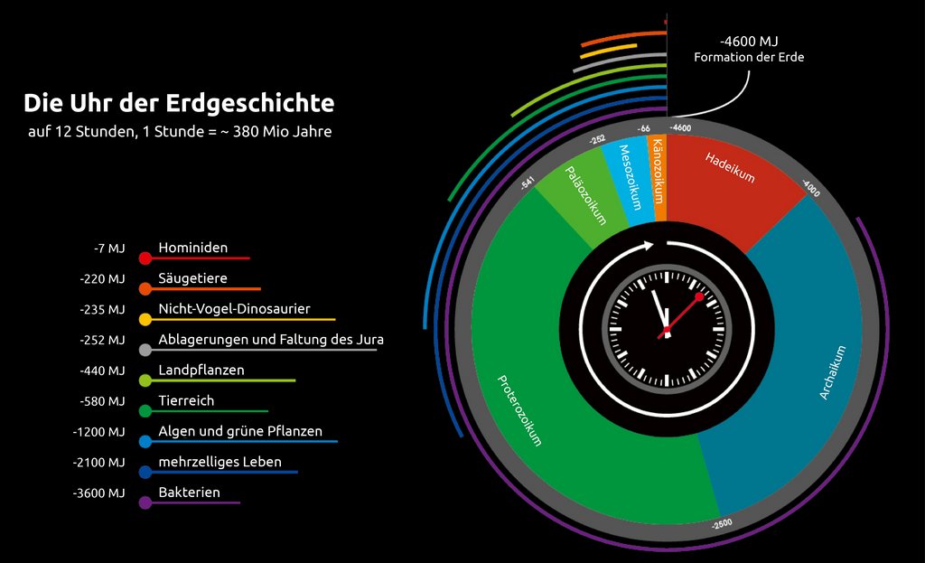 "Uhr" der Erdgeschichte, die das Auftreten (und Verschwinden) verschiedener Gruppen von Arten im Laufe der Zeit zeigt.