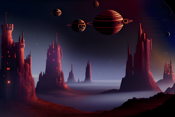 Paysage avec des châteaux dans les falaises au-dessus d'un sol brumeux, avec des planètes ou des vaisseaux spatiaux dans le ciel