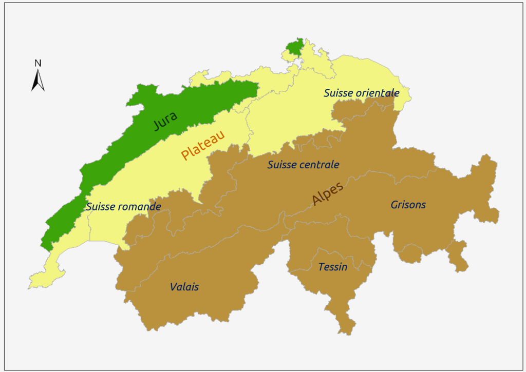 Carte de la Suisse avec les grandes r&eacute;gions marqu&eacute;es en couleur