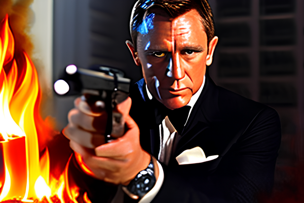 James Bond, den Lauf einer Pistole in die Kamera richtend, Flammen am linken Bildrand