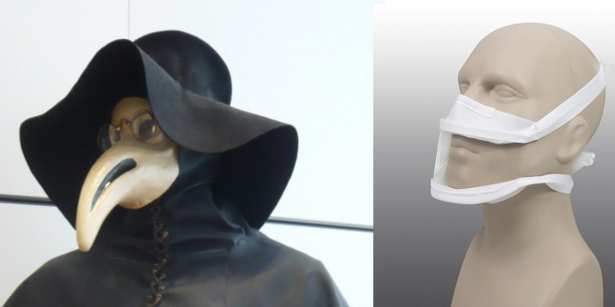 Links: Maske eines mittelalterlichen Pestarztes, rechts: Modell einer modernen Maske mit transparenter Mundpartie