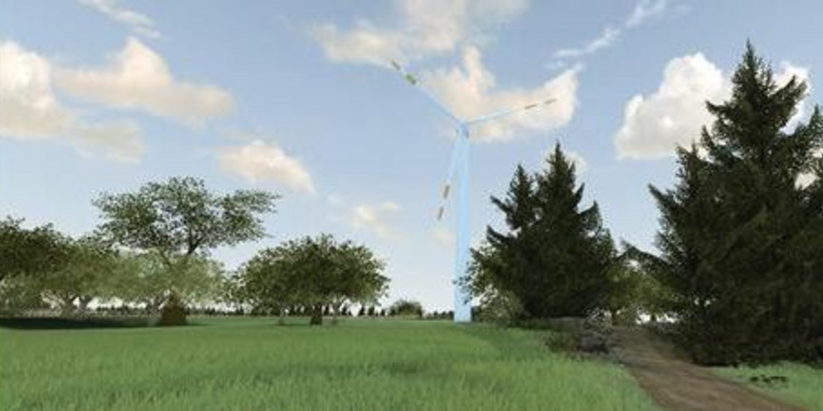 Die simulierte Windturbine wird in die GIS-basierte 3-D Landschaft eingebettet