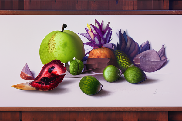 Nature morte colorée avec des fruits, style dessin aux crayons de couleurs