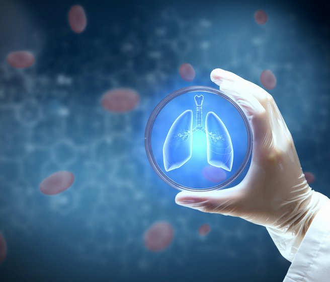 Main gantée de caoutchouc tenant une boite de Petri, contenant une illustration de poumon stylisée