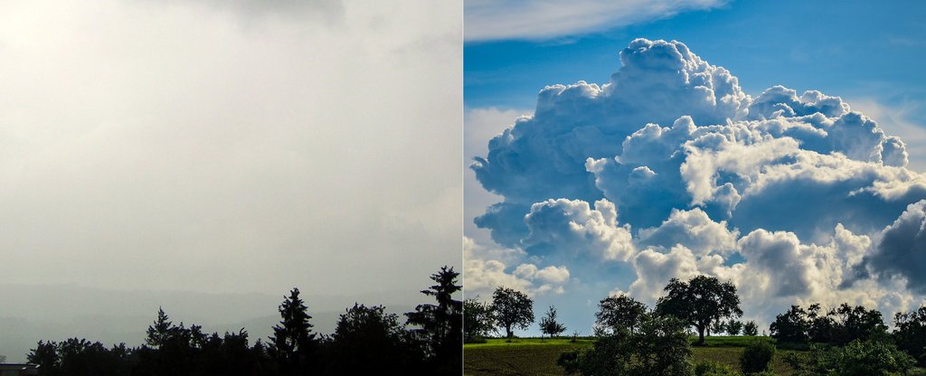 Collage aus Landschaft mit Nimbostratus und mit Cumulonimbus
