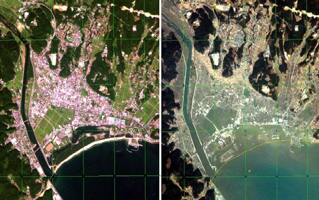 Japanische Küstenstadt vor und nach einem Tsunami.
