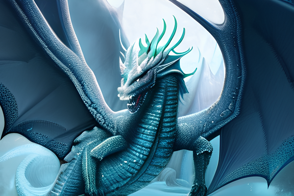 Vue de face d'un dragon aux tons bleu clair avec ses ailes déployées, qui semble défier l'observateur