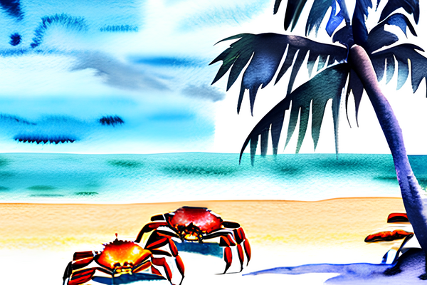Zwei Krabben auf einem Strand mit einer Palme, Aquarell-Stil