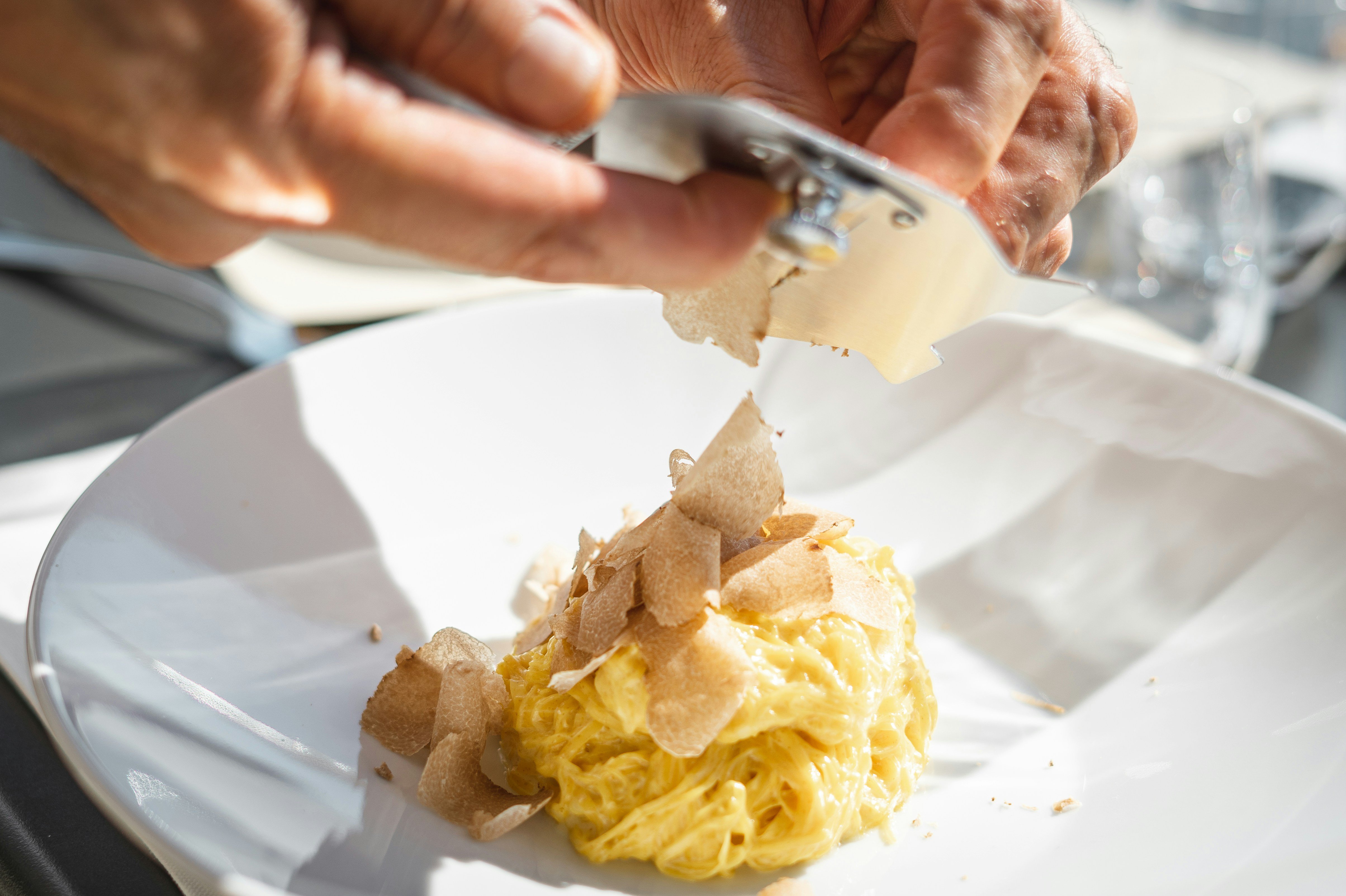 Pasta mit frischer Trüffel Teller mit Pasta, frisch geriebene Trüffel
