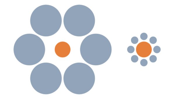 Die zwei orangen Kreise erscheinen nicht gleich gross, aufgrund der blauen Kreise, die sie umgeben.
