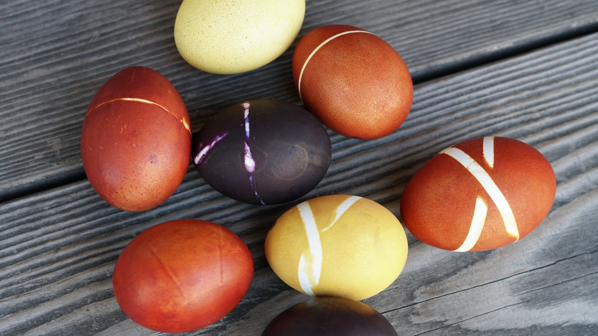 Braune, gelbe und schwarz-violette Eier mit weissem Streifenmuster