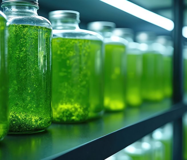Cultures d'algues en laboratoire dans des bocaux sur une étagère