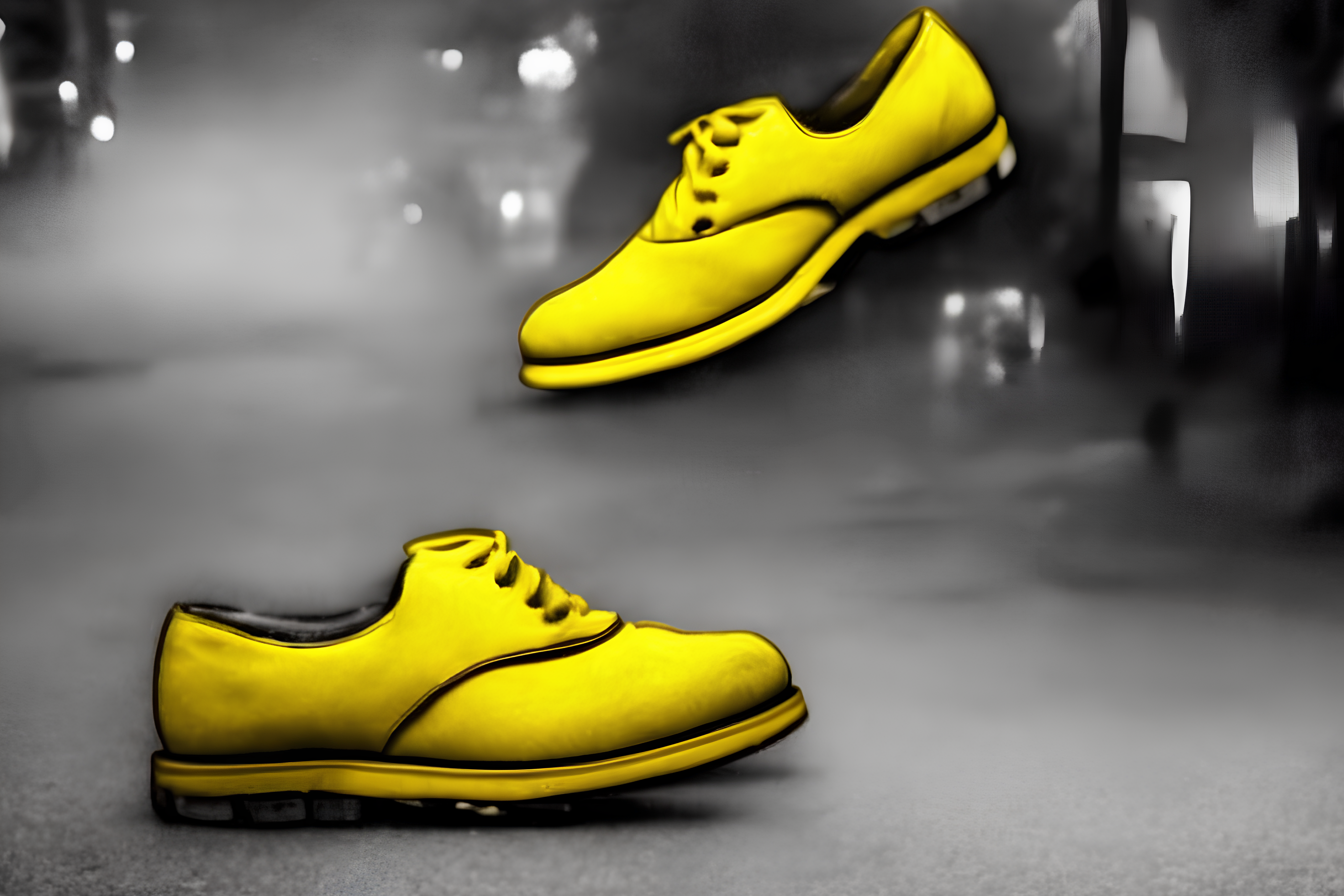 Deux chaussures à lacets jaunes, flottant au-dessus d'une route brumeuse grise et noire