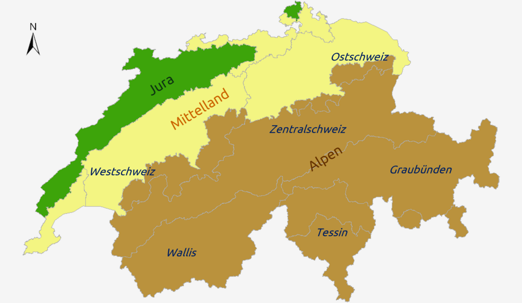 Karte der Schweiz mit beschrifteten und farbig markierten Grossregionen