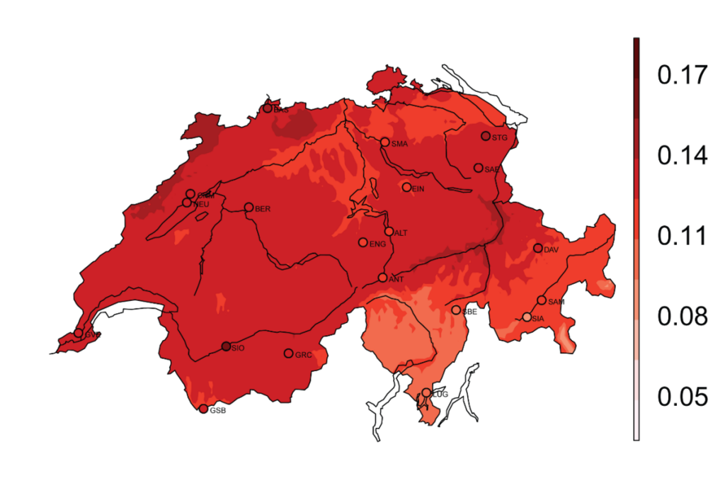 Karte der Schweiz, eingefärbt in verschiedenen Rottönen zur Darstellung von Gebieten mit stärkerer Temperaturzunahme &#40;insbesondere Nordostschweiz&#41; und weniger deutlicher Temperaturzunahme &#40;Tessin&#41;