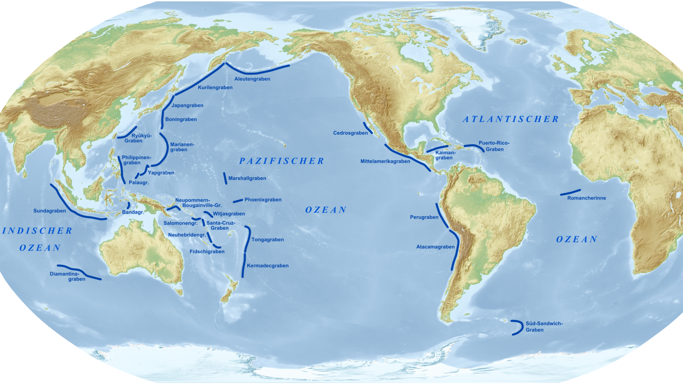 Weltkarte mit eingezeichneten Tiefseegräben
