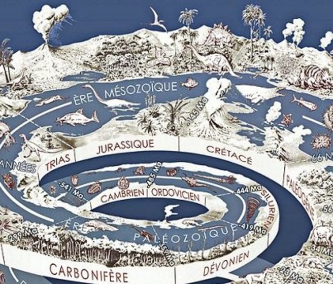 Dessin représentant le temps géologique et l'évolution de la vie sur Terre sous forme de spirale