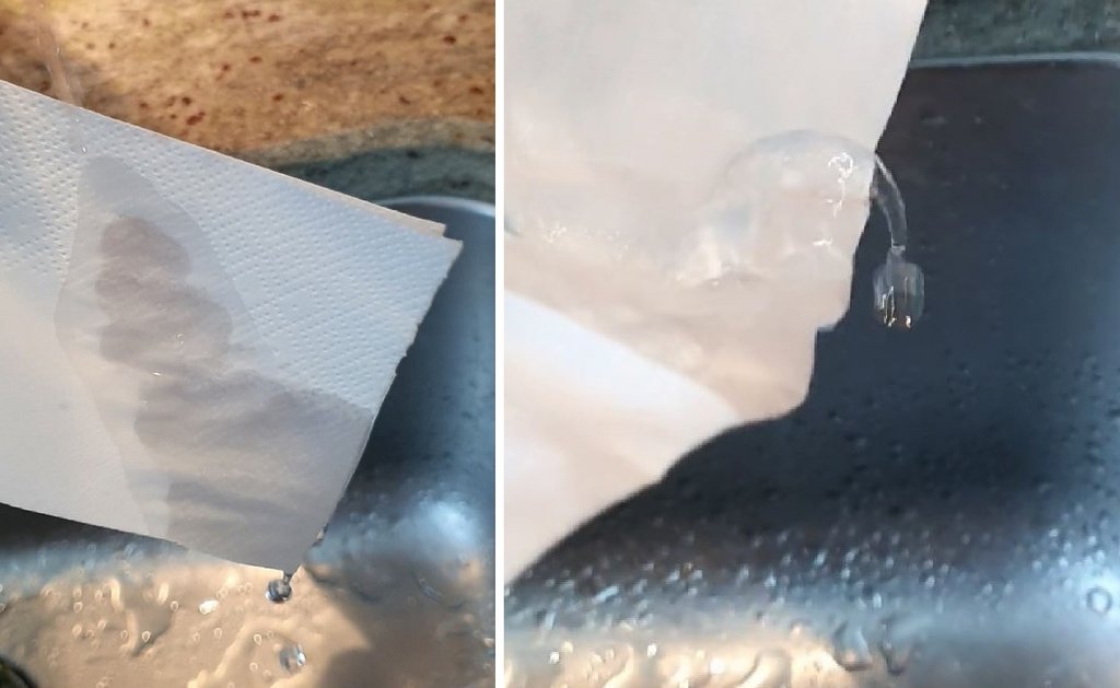 linke Bildhälfte: Papier wird unter einem feinen Wasserstrahl tropfnass; rechte Bildhälfte: von einer Hygienemaske perlt ein feiner Wasserstrahl ab