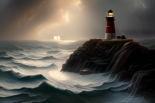 Leuchtturm am Meer im Sturm, Ölgemälde-Stil