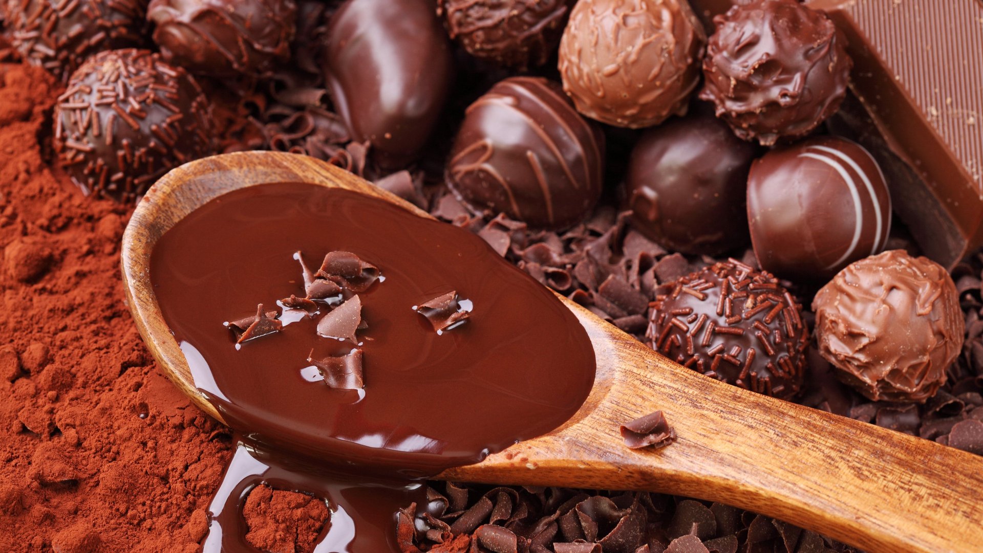 Cacao en poudre, chocolat fondu et pralinés