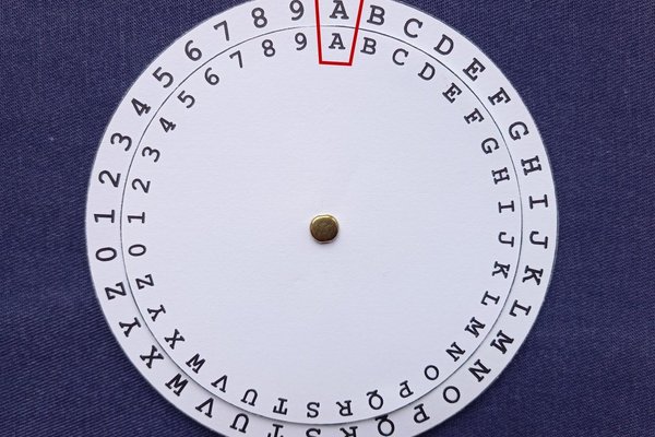 Chiffrierscheibe; auf dem inneren und äusseren Kreis sind jeweils dieselben Buchstaben einander zugeordnet
