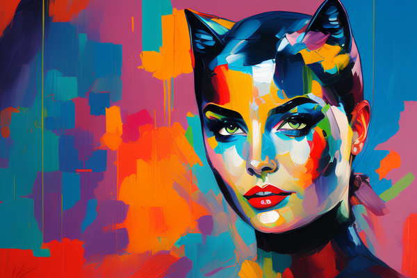 Portrait d'une femme avec des oreilles de chat, dans un style de peinture acrylique colorée