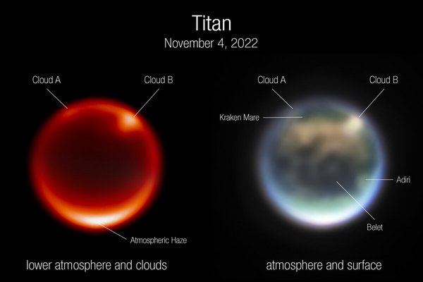 Zwei Bilder von Titan, eines rötlich, eines weiss-bläulich dargestellt