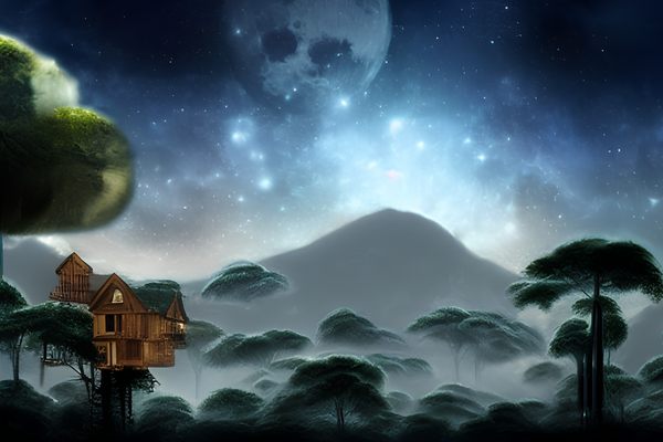 Cime des arbres et maisons dans les arbres, sur fond de ciel étoilé avec la lune