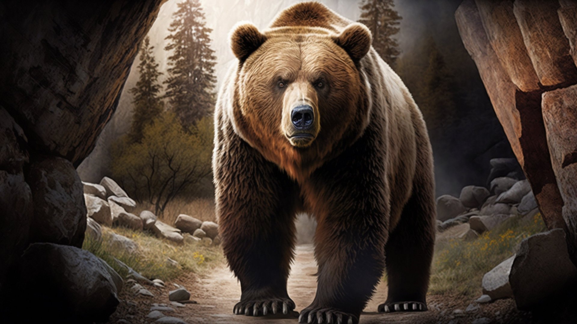 Un orso delle caverne all'ingresso di una grotta