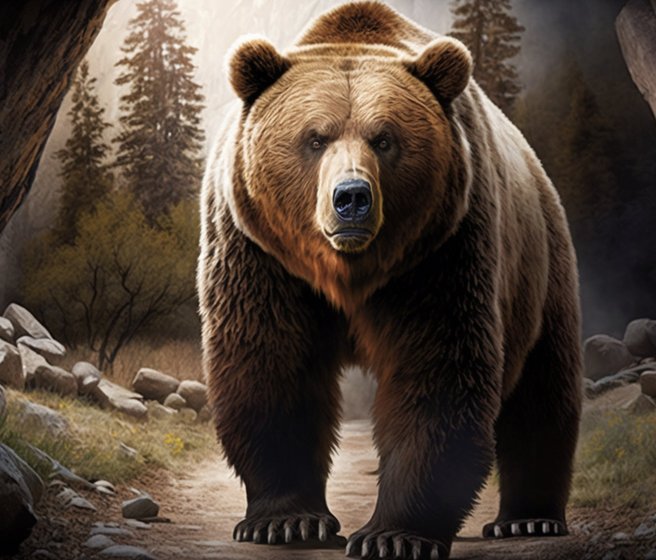 Un ours des cavernes devant l'entrée d'une grotte