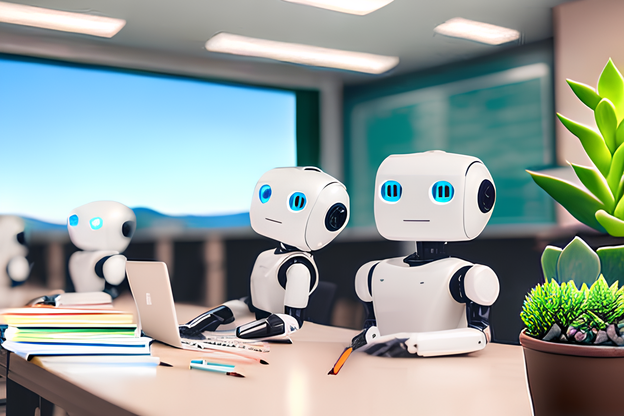 Image numérique : Robots blancs sympathiques à une table dans une salle de classe