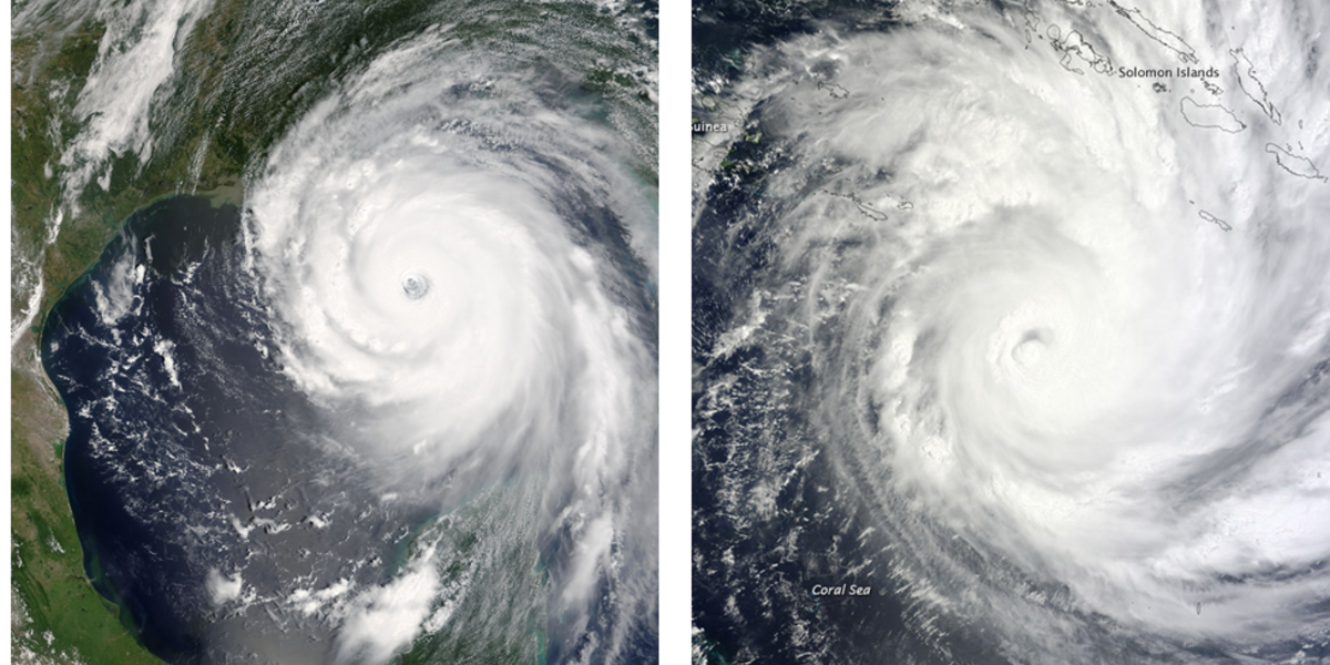 Links der Hurrikan Katrina und rechts der Zyklon Yasi