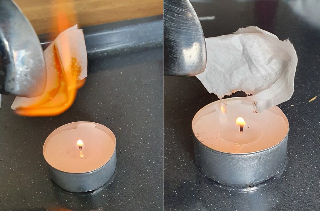linke Bildhälfte: Papier verbrennt in einer Kerzenflamme; rechte Bildhälfte: Polypropylen-Vlies verschmort und schmilzt