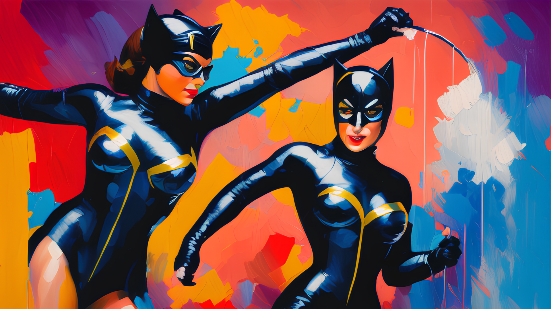 Peinture acrylique de deux combattantes en costume de Catwoman (créée numériquement)