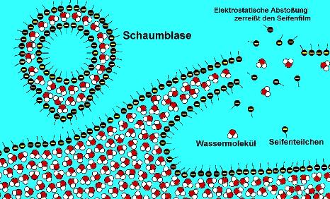 Die Seifenteilchen sitzen im Inneren und Äusseren der Seifenblase