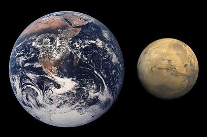 Fotografien von Erde &#40;links&#41; und Mars &#40;rechts&#41; aus dem All