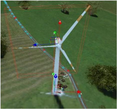 Die simulierte Windturbine wird in die GIS-basierte 3-D Landschaft eingebettet