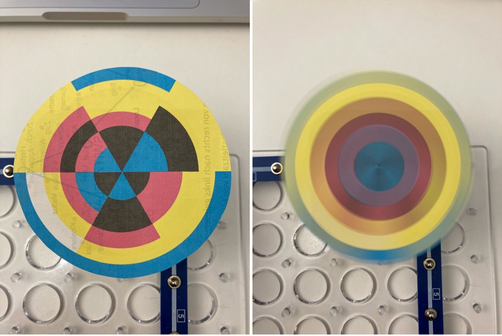 links: Farbscheibe teilweise in CMYK-Farben coloriert, rechts: dieselbe Farbscheibe in Rotation, wobei die Farben als konzentrische Kreise erscheinen