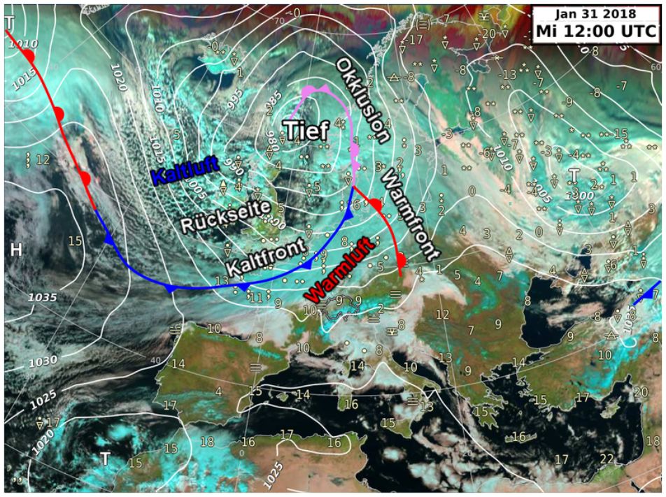 Satellitenbild mit Isobaren und meteorologischen Beschriftungen