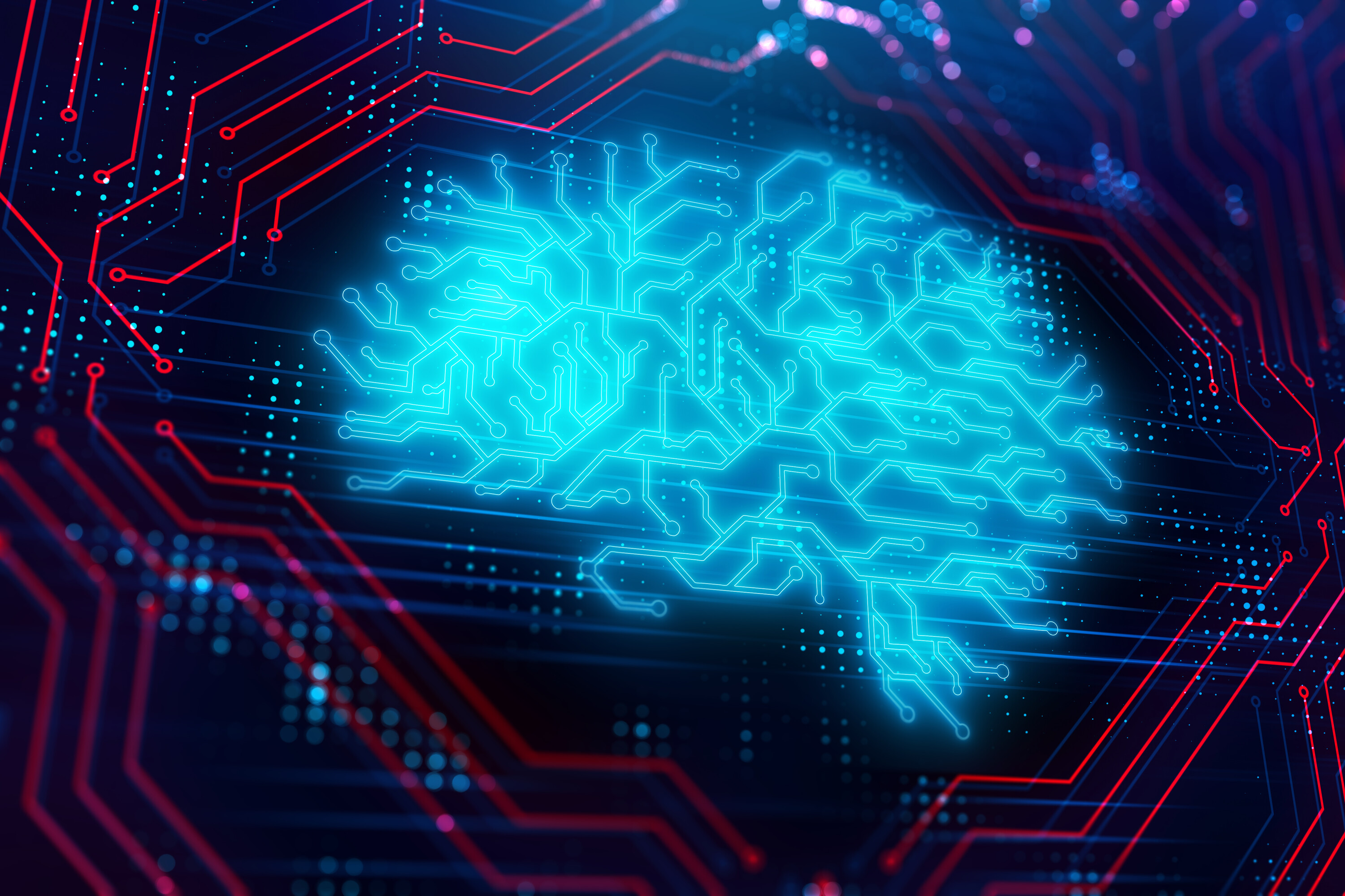 Illustration: blau leuchtende Schaltkreise in Form eines Gehirns