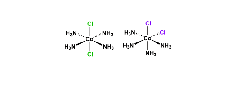 Keilstrichformeln der zwei Isomere von Tetraammin(dichloro)cobalt(III)