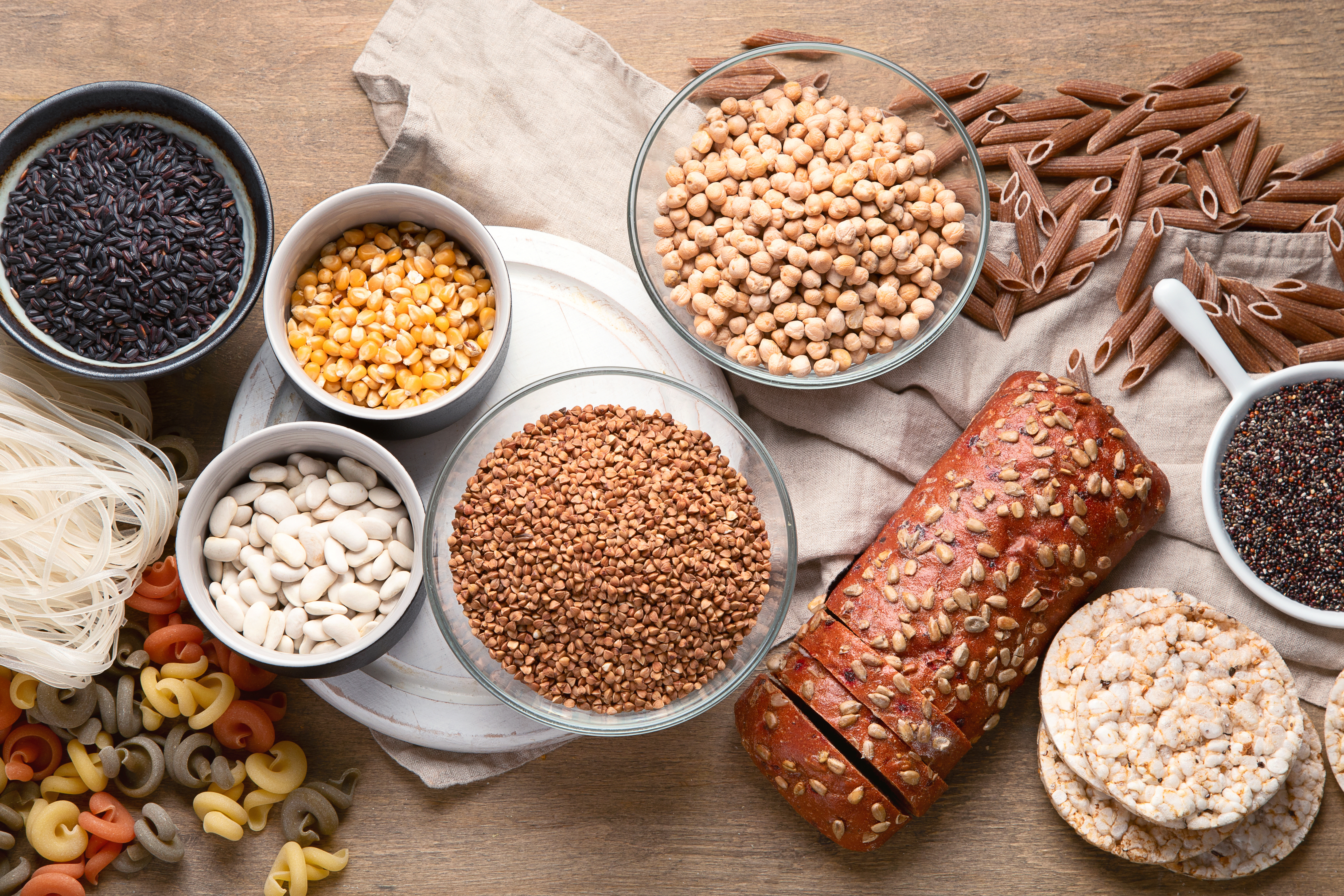 Getreidekörner, Teigwaren, Brot, Reiswaffeln