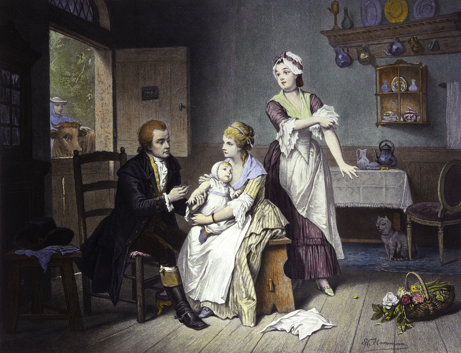 Edward Jenner vaccinant son jeune enfant, tenu par son épouse