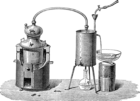 L'alambic est constitué de deux récipients reliés par un fin tuyau.