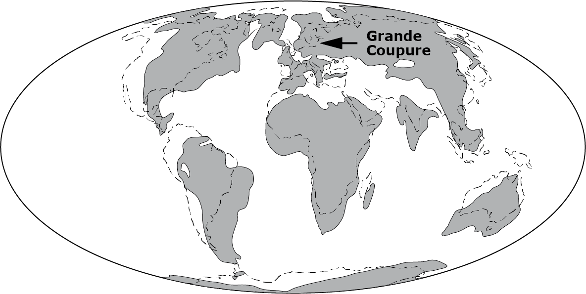 Carte paléogéographique montrant le monde tel qu’il était il y a 34 millions d’années.