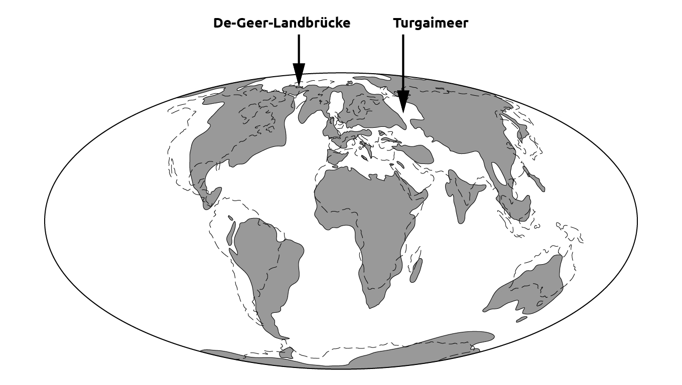 Paläogeographische Karte der Erde vor 45 Millionen Jahren
